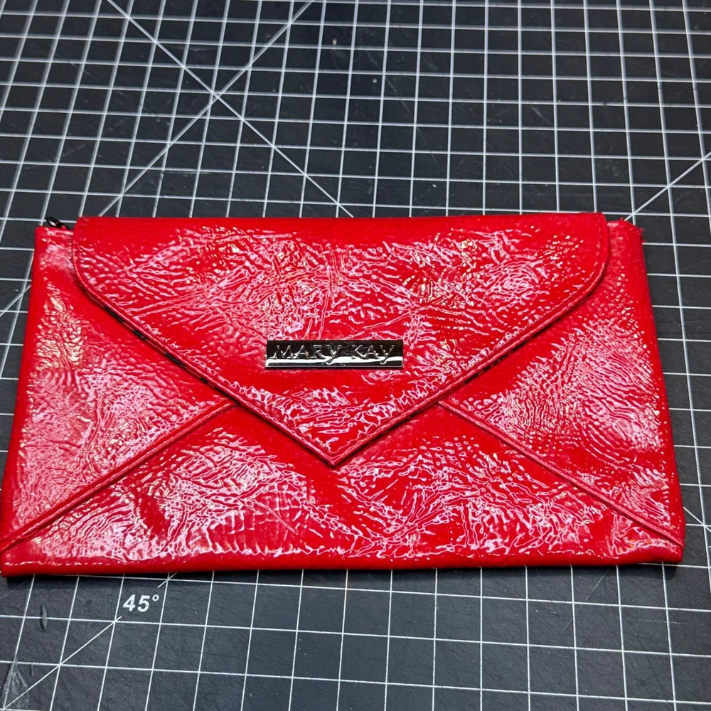 Mary Kay Red Patent Envelope Clutch Bag Red Black Lining Evening Pouch
